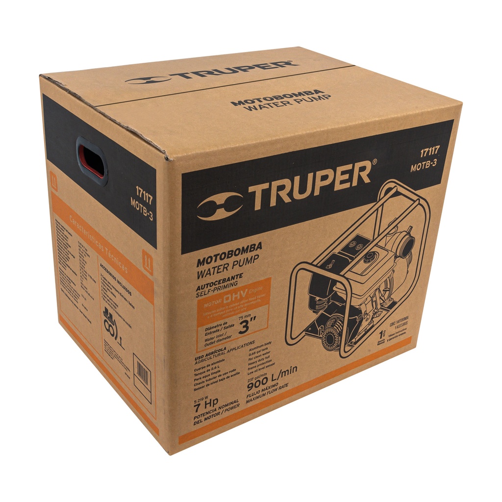 Motobomba autocebante 3" x 3" a gasolina 7 HP, TRUPER