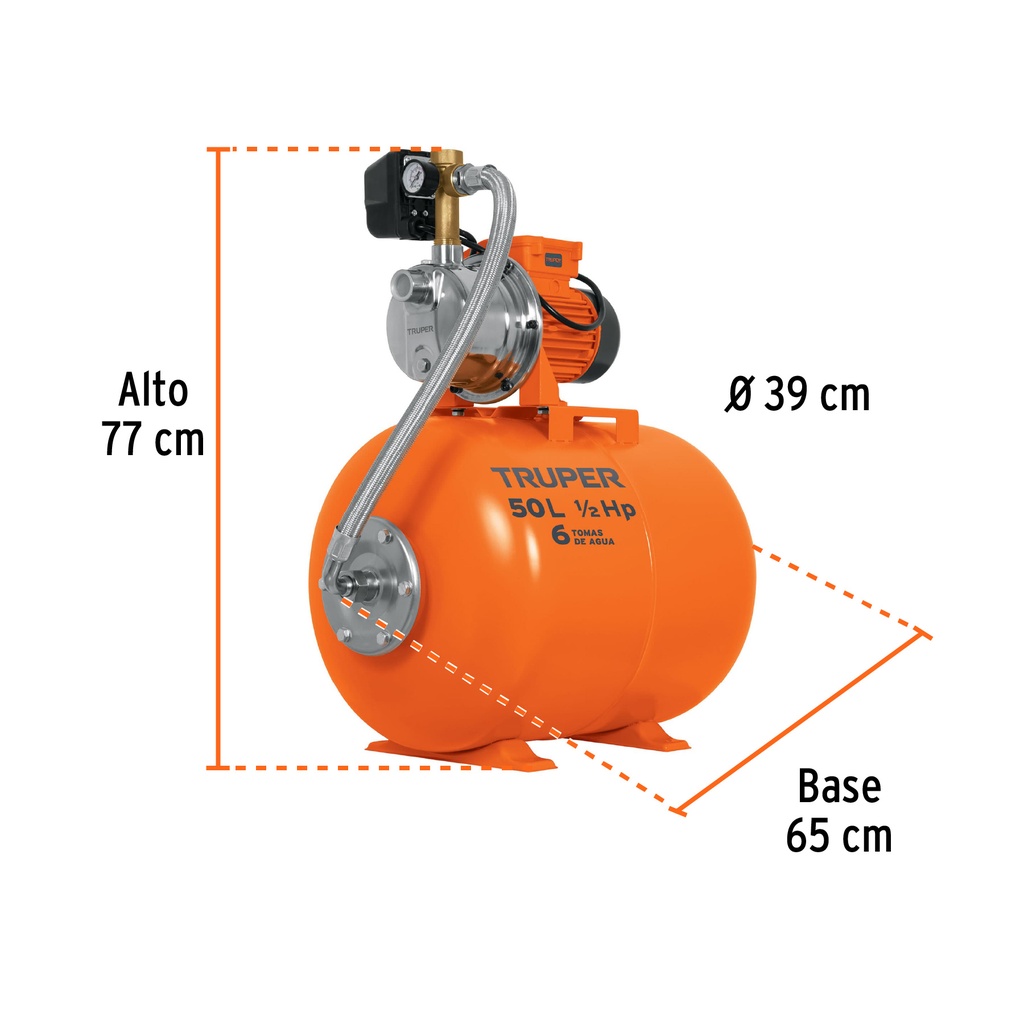 Equipo hidroneumático 50L, bomba Jet inox. 1/2 HP, TRUPER CÓDIGO: 12254 CLAVE: HIDR-1/2X50
