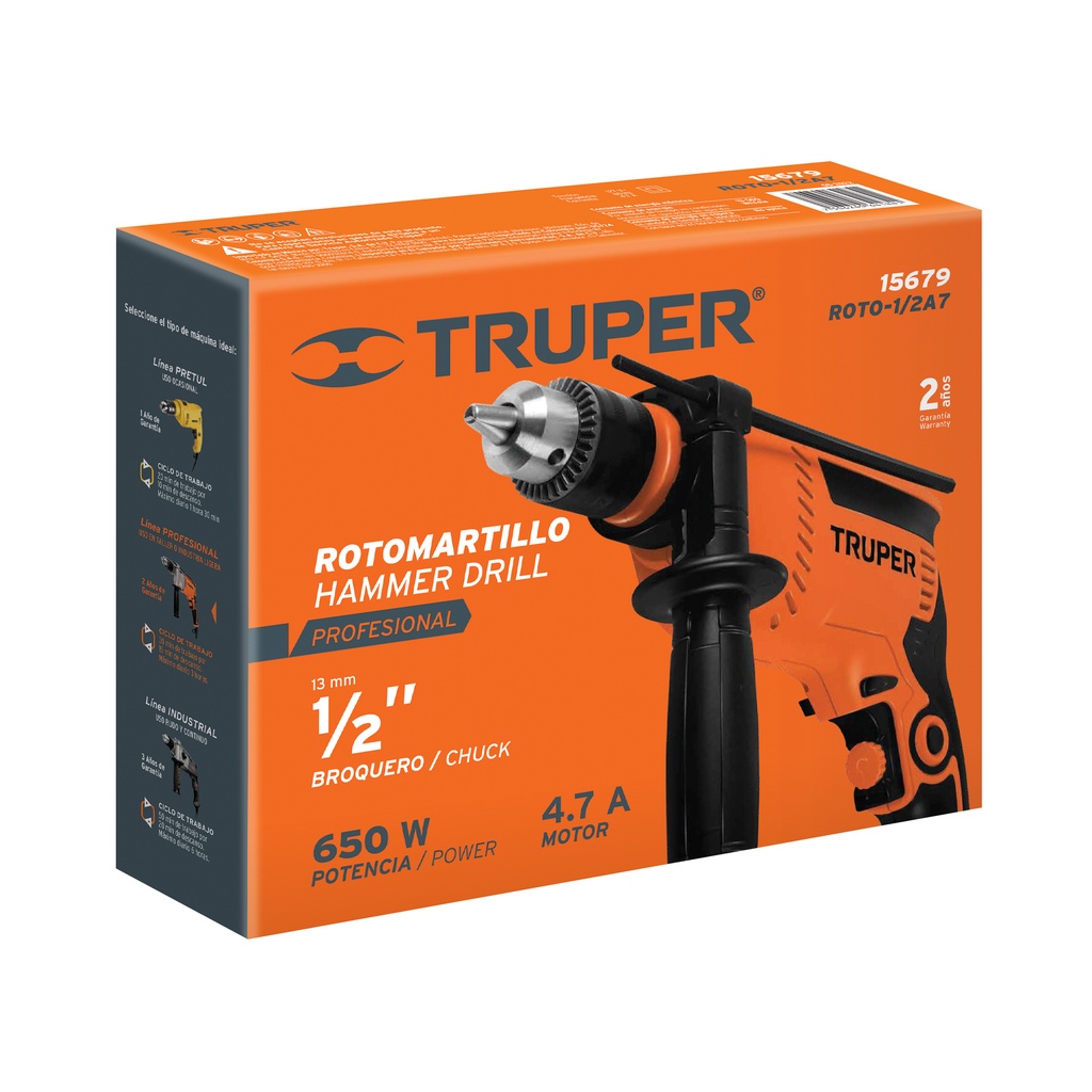 Rotomartillo 1/2", 650W, TRUPER PRO CÓDIGO: 15679 CLAVE: ROTO-1/2A7