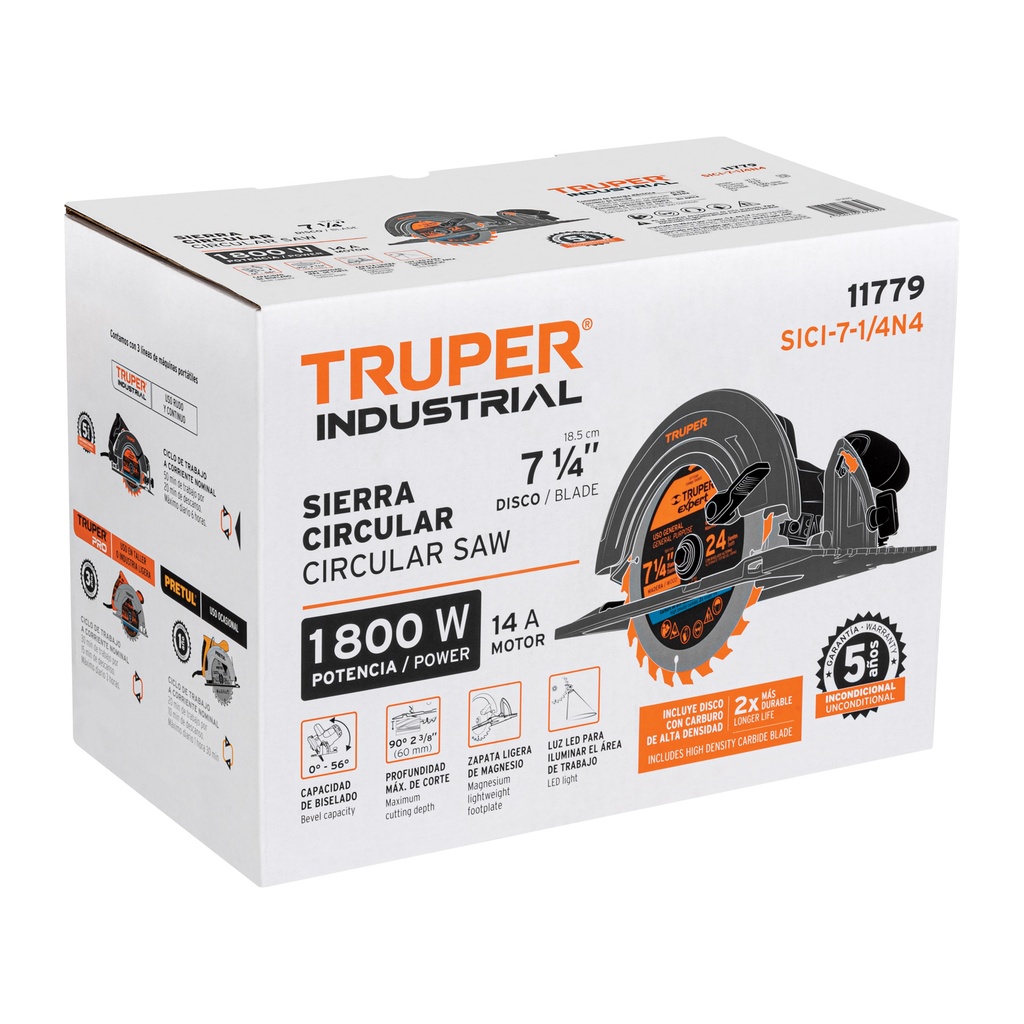 SIERRA CIRCULAR 7-1/4", 1800W, TRUPER INDUSTRIAL CÓDIGO: 11779 CLAVE: SICI-7-1/4N4