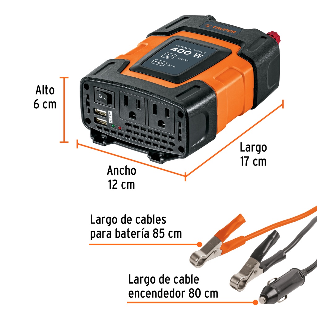 INVERSOR DE CORRIENTE DE 400 W CON PUERTOS USB, TRUPER CÓDIGO: 10449 CLAVE: INCO-400