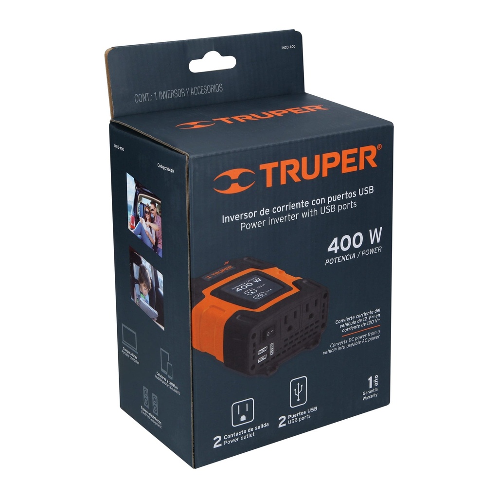 INVERSOR DE CORRIENTE DE 400 W CON PUERTOS USB, TRUPER CÓDIGO: 10449 CLAVE: INCO-400