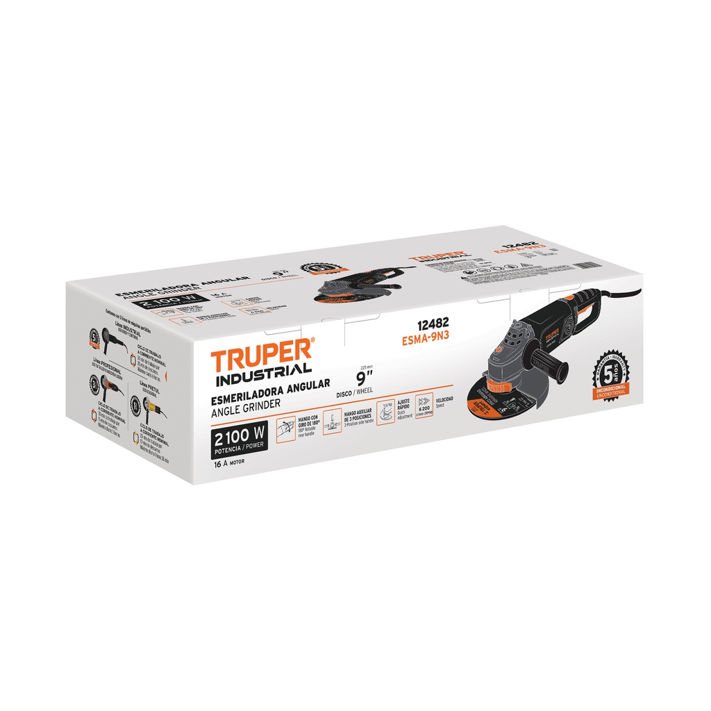 ESMERILADORA ANGULAR 9", 2100W, TRUPER INDUSTRIAL CÓDIGO: 12482 CLAVE: ESMA-9N3 