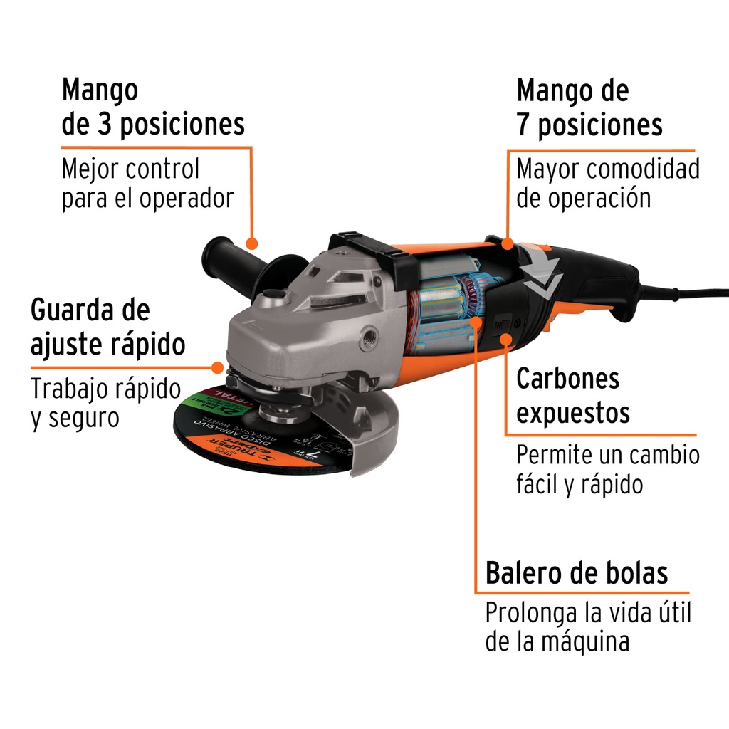 ESMERILADORA ANGULAR 7", 2200W, TRUPER PRO CÓDIGO: 14012 CLAVE: ESMA-7A3