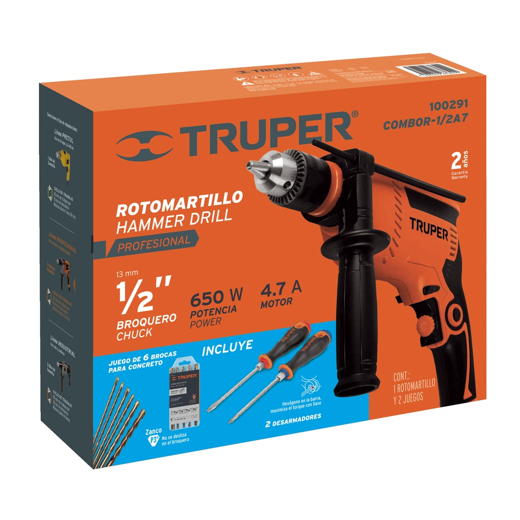 Combo rotomartillo 1/2" 650W, 6 brocas y 2 desarmadores,PRO CÓDIGO: 100291 CLAVE: COMBOR-1/2A7