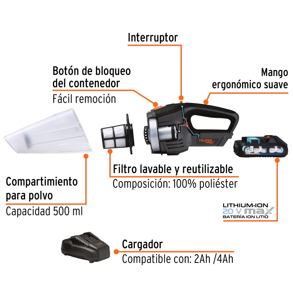 ASPIRADORA INALÁMBRICA, 20V, TRUPER MAX CÓDIGO: 102446 CLAVE: MAX-20A 