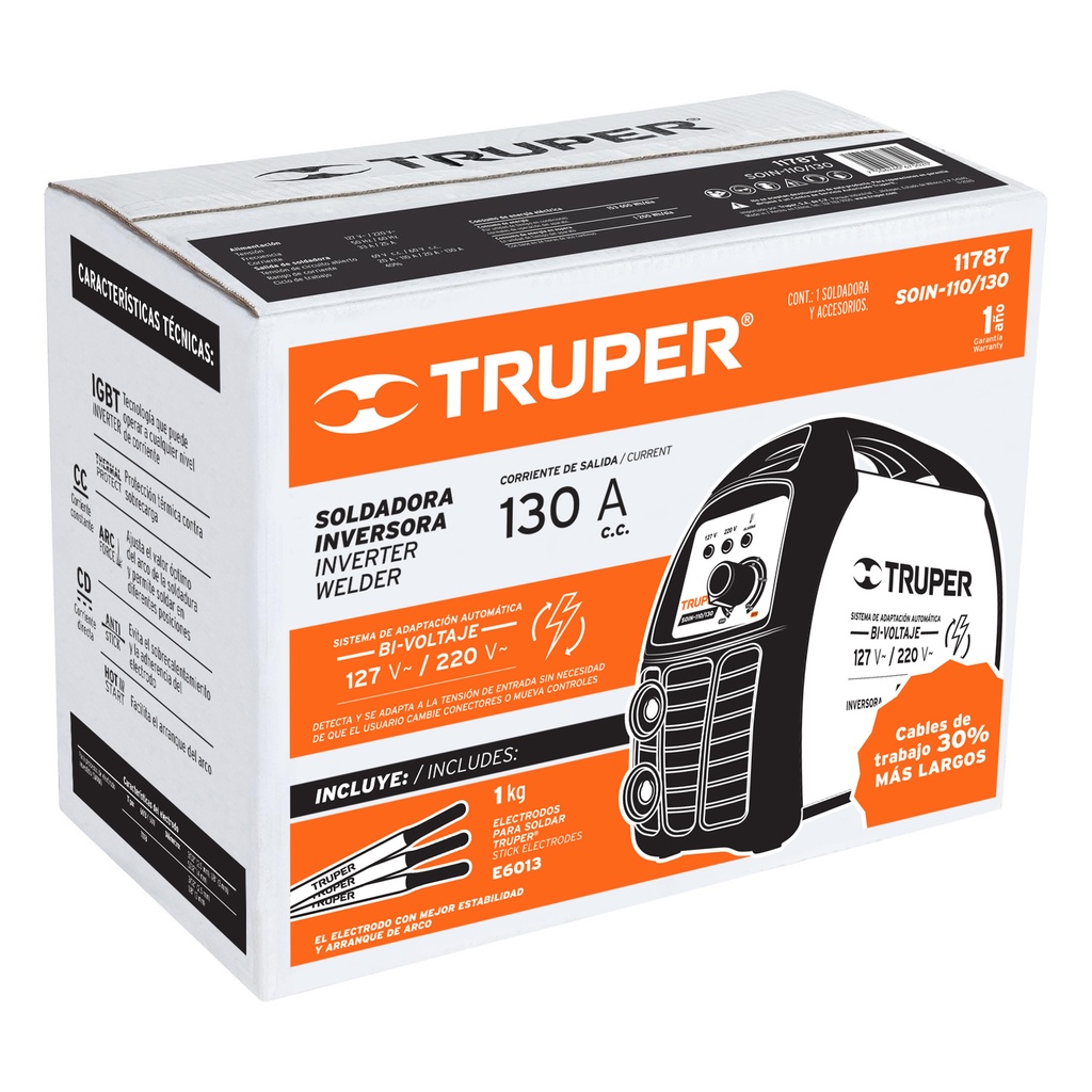 SOLDADORA INVERSORA 130A, BI-VOLTAJE 127/220V, TRUPER CÓDIGO: 11787 CLAVE: SOIN-110/130