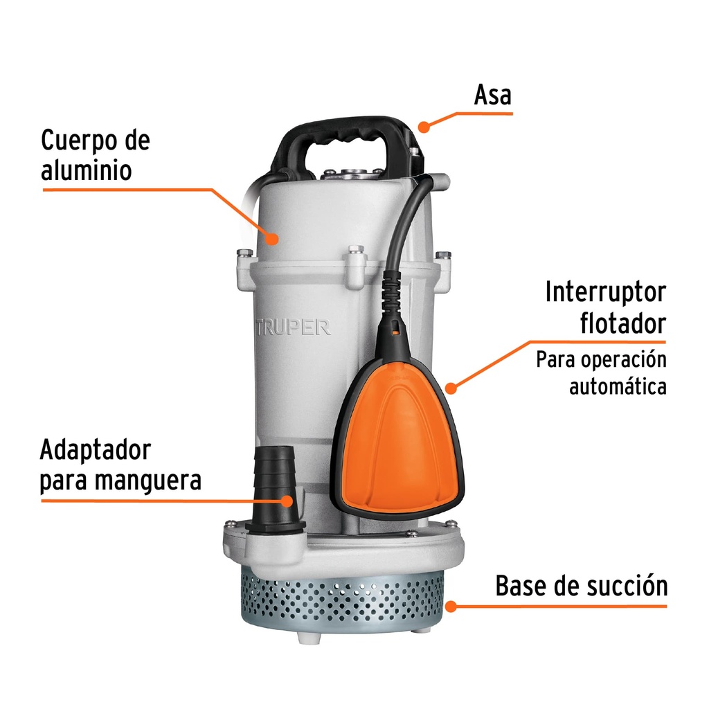BOMBA SUMERGIBLE CUBIERTA ALUMINIO,AGUA LIMPIA, 1 HP, TRUPER CÓDIGO: 15003 CLAVE: BOS-1LPX 
