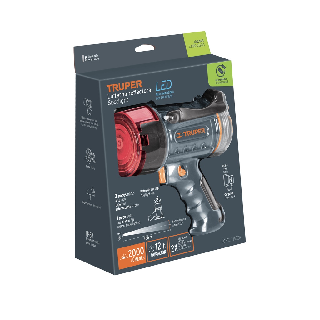 Linterna reflectora LED 900 lm, recargable, TRUPER CÓDIGO: 102404 CLAVE: LARE-900